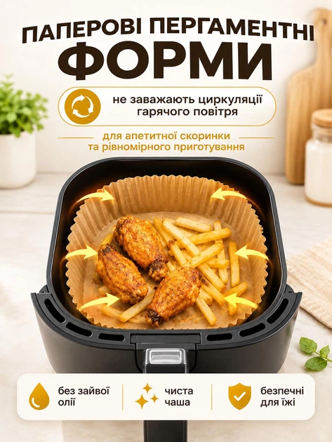 Пергаментні форми для аерогриля 20х4 5 см 100 шт квадратні вкладиші для аерогриля паперові форми для випікання одноразовий пергамент для духовки мультипечі форми для м’яса риби овочів картоплі та запікання - зображення 6