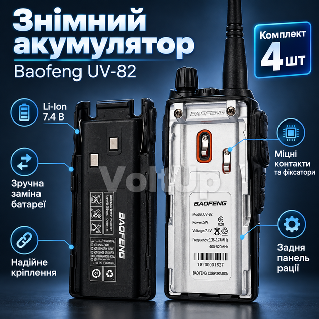 Рації Baofeng UV-82 дводіапазонних VHF/UHF 136–174/400–520 МГц 5 Вт з гарнітурами Dual PTT, набір 4 шт - зображення 4