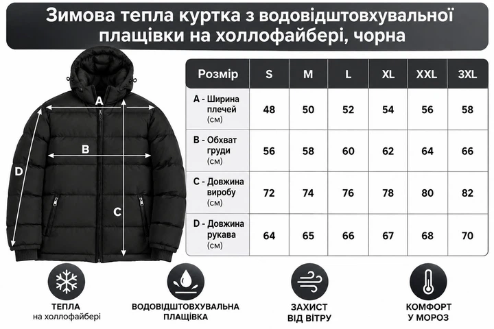 Зимова тепла чоловіча куртка з водовідштовхувальної плащівки на холлофайбері, чорна, розмір XXХL - зображення 2