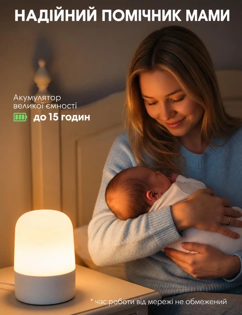 Ночник-светильник на акумуляторе 3 режима света регулировка яркости сенсорное управление настольная LED лампа USB Type-C 13x9 см Белый - изображение 7