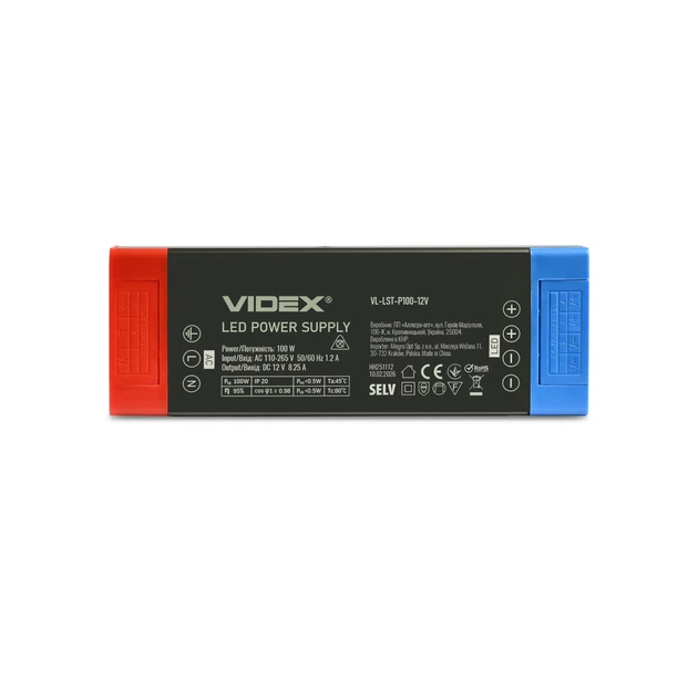 Блок живлення для LED стрічки VIDEX DC12V 8.25A 100W (VL-LST-P100-12V) VIDEX (28211-000) - изображение 3