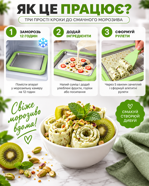 Аппарат для приготовления рулетов из мороженого, мороженица Ice Cream Maker Instant с 2 лопатками, салатовый - Фото 2 Аппарат для приготовления рулетов из мороженого, мороженица Ice Cream Maker Instant с 2 лопатками, салатовый - изображение 2
