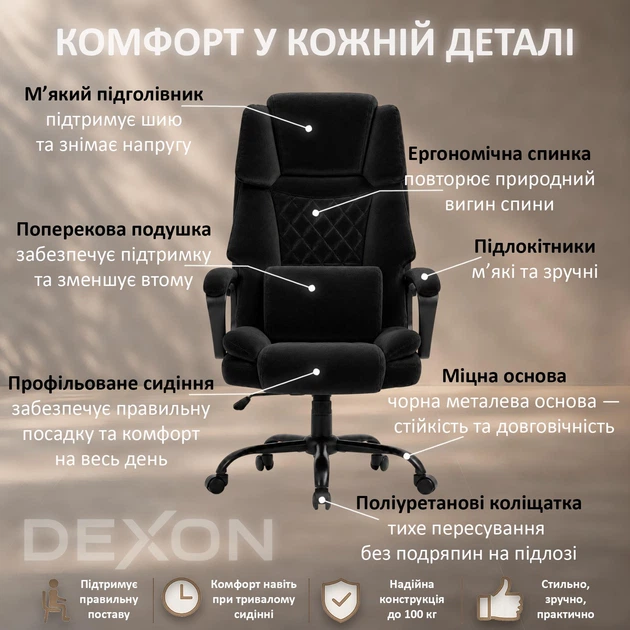Крісло комп'ютерне FC-117-2 DEXON ROYAL з велюру, з поперековою подушкою, механізм гойдання TILT, Чорний - Фото 3 Крісло комп'ютерне FC-117-2 DEXON ROYAL з велюру, з поперековою подушкою, механізм гойдання TILT, Чорний - зображення 3