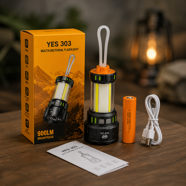 Ручний акумуляторний ліхтар YES 303 чорний, яскравість до 900 лм, акумулятор 18650, заряджання через USB - изображение 4