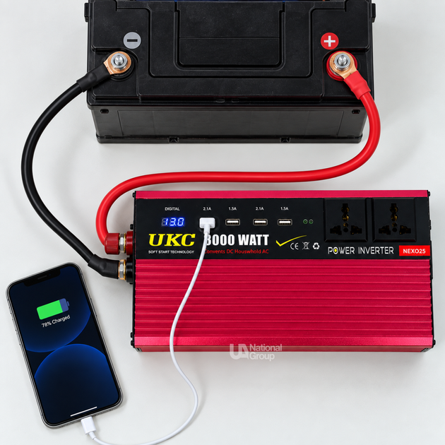 Преобразователь инвертора 12В–220В UKC 3000W с дисплеем, 3 розетками и 5 USB, для резервного питания дома и техники от АКБ 12В, реальная номинальная мощность 1800Вт, пиковая 3600Вт, AR-3000M - изображение 2