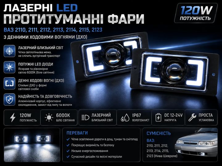 Противотуманные фары лазерные Ближний LED ВАЗ 2110,2111,2112,2113,2114,2115 2123 ДХО 120 ват - изображение 2