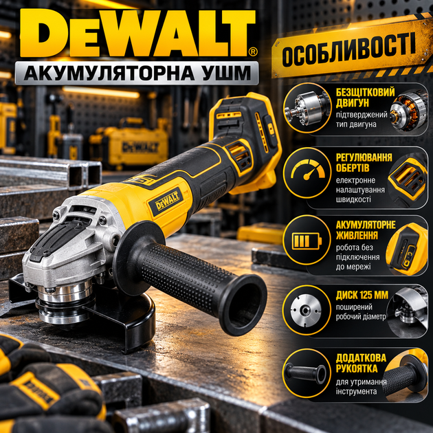 Аккумуляторная болгарка DeWalt 24 В угловая шлифмашина бесщеточная диск 125 мм УШМ 7000 об/мин батарея 5 А·ч электронная регулировка для резки металла шлифования зачистки 2 АКБ кейс - изображение 2