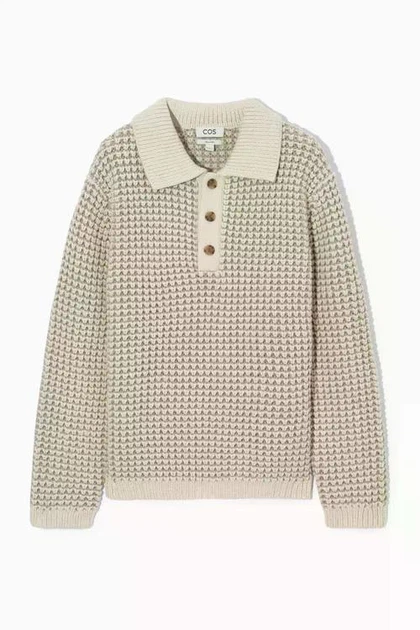 Джемпер чоловічий COS two-tone waffle-knit polo shirt 1206052001 L Бежевий - Фото 5 Джемпер чоловічий COS two-tone waffle-knit polo shirt 1206052001 L Бежевий - зображення 5