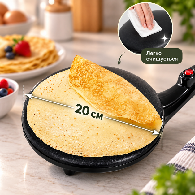 Електрична млинець Domotec MS-5209B чорний 600 Вт, Ø20 см - Фото 4 Електрична млинець Domotec MS-5209B чорний 600 Вт, Ø20 см - изображение 4
