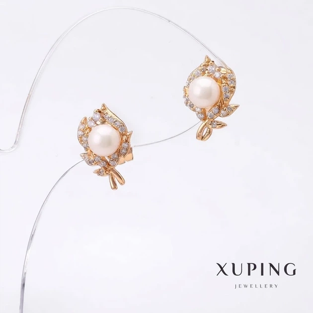 Сережки Xuping з перлами Майорка, 9х14 мм, позолота 18к - Фото 1 Сережки Xuping з перлами Майорка, 9х14 мм, позолота 18к - зображення 1