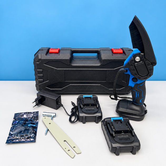 Аккумуляторная цепная мини-пила Electric SAW BLUE 6″ 20V/4Ah с кейсом и 2 аккумуляторами Садовая ручная электропила Мини-цепная пила для обрезки веток Аккумуляторная пилка для сада и дачи - изображение 7