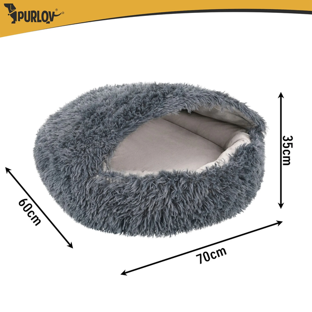 Лежак-спальник для собак и кошек Purlov 28004, 70×60 см, 2-в-1, плюшевый, с капюшоном, серый - изображение 2