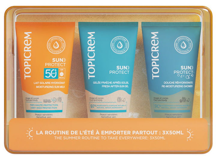 Zestaw kosmetyków przeciwsłonecznych Topicrem Sun Protect Mleczko Spf 50+ 50 ml + Żel po opalaniu 50 ml + Żel pod prysznic 50 ml (3700281706178) - Zdjęcie 1 Zestaw kosmetyków przeciwsłonecznych Topicrem Sun Protect Mleczko Spf 50+ 50 ml + Żel po opalaniu 50 ml + Żel pod prysznic 50 ml (3700281706178) - obraz 1