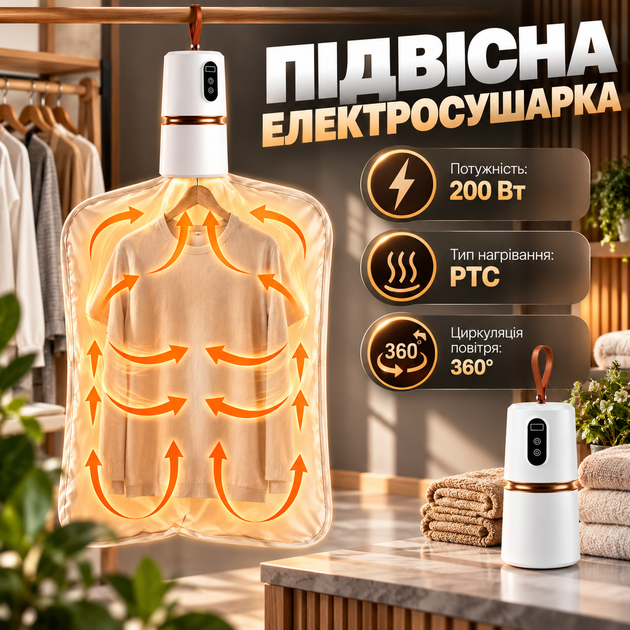 Электрическая сушилка для одежды 200 Вт PTC 360° с таймером до 240 мин Портативная подвесная складная с сушильным мешком для вещей текстиля - Фото 1 Электрическая сушилка для одежды 200 Вт PTC 360° с таймером до 240 мин Портативная подвесная складная с сушильным мешком для вещей текстиля - изображение 1