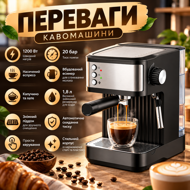Кавомашина ріжкова Crownberg 1200 Вт 20 бар кавоварка для меленої кави з капучинатором стимером для еспресо капучино та лате 1.8 л - зображення 2