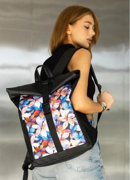 Женский городской рюкзак RollTop Sambag One Flowers для ноутбука до 16–17 дюймов из экокожи, черный с цветочным принтом 60566 - изображение 2