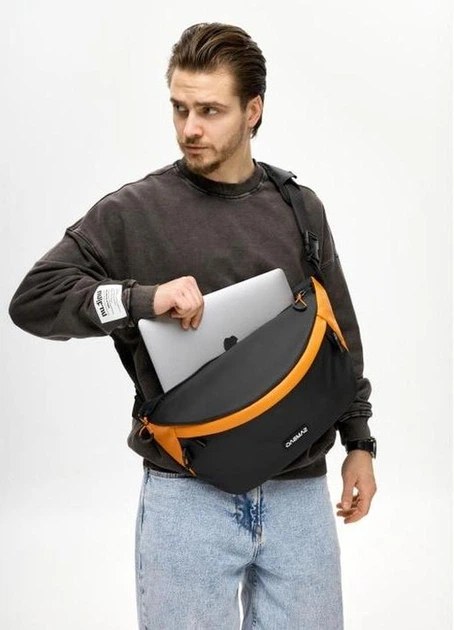 Чоловіча сумка-бананка під ноутбук Sambag Urban Laptop чорно-оранжева текстильна кросс-боді сумка для ноутбука до 14″ 51940 - зображення 3