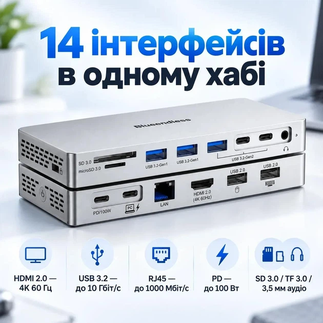 Док станция Blueendless HC1406 14 в 1 USB Type-C концентратор для ноутбука компьютера планшета 14 портов - изображение 2