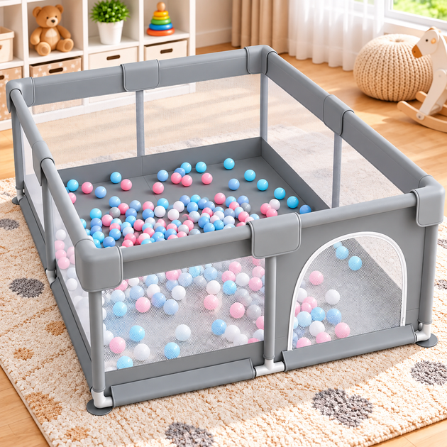 Детский складной манеж 120×120×60 см для игр с мягким дном сетчатыми стенками - изображение 2