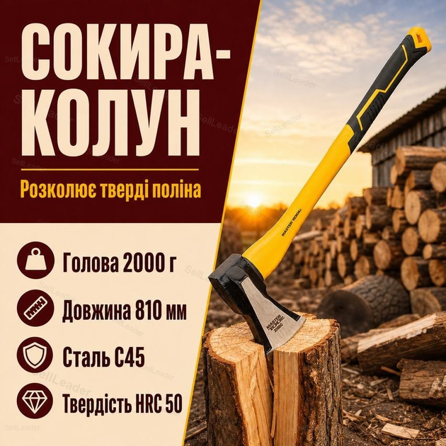Топор колун 2000 г длина 810 мм сталь C45 50 HRC стекловолоконная рукоятка для раскалывания поленьев - Фото 1 Топор колун 2000 г длина 810 мм сталь C45 50 HRC стекловолоконная рукоятка для раскалывания поленьев - изображение 1