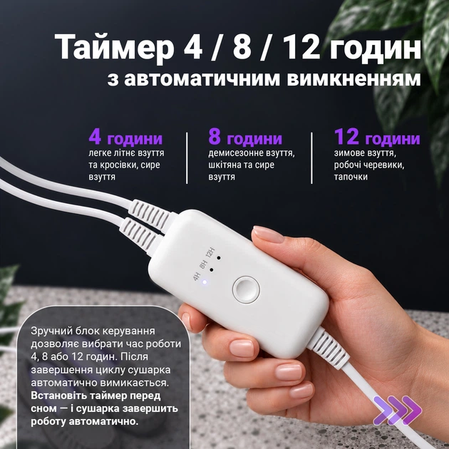 Електрична сушарка для взуття HYUNDAI H-06 з фіолетовим світлом, PTC-нагрівом, таймером 4/8/12 год, телескопічна, 12 Вт - Фото 2 Електрична сушарка для взуття HYUNDAI H-06 з фіолетовим світлом, PTC-нагрівом, таймером 4/8/12 год, телескопічна, 12 Вт - зображення 2