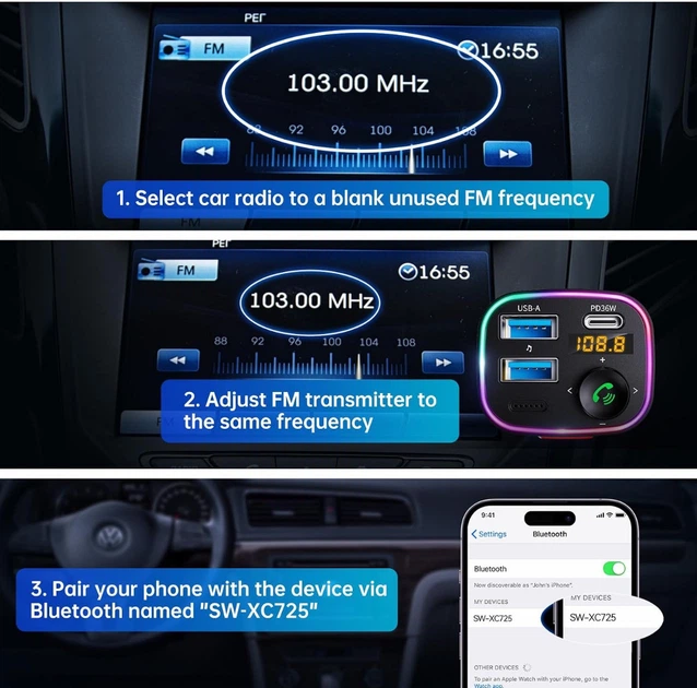 Автомобильный FM-трансмиттер SYNCWIRE SW-XC725 Bluetooth, USB-C 36W + USB-A 12W, 48W - изображение 6