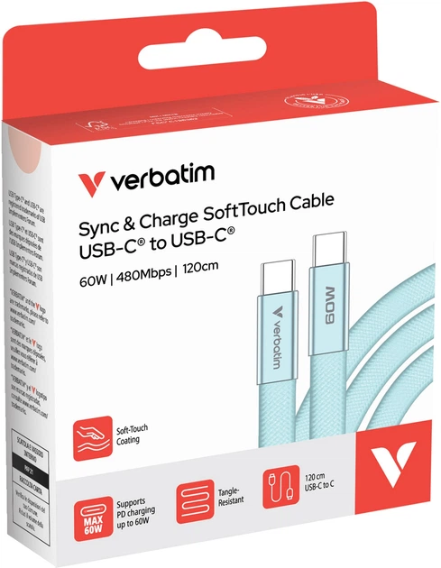 Kabel Verbatim USB Type-C - Type-C M/M 60W 1.2 m Blue (023942302735) - Zdjęcie 3 Kabel Verbatim USB Type-C - Type-C M/M 60W 1.2 m Blue (023942302735) - obraz 3