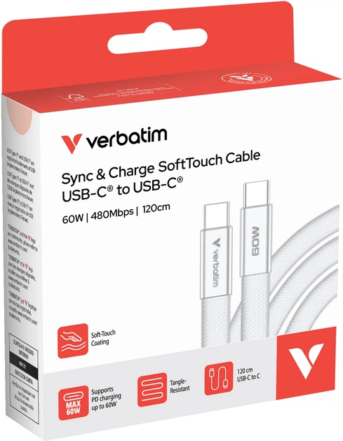 Kabel Verbatim USB Type-C - Type-C M/M 60W 1.2 m White (023942302742) - Zdjęcie 3 Kabel Verbatim USB Type-C - Type-C M/M 60W 1.2 m White (023942302742) - obraz 3
