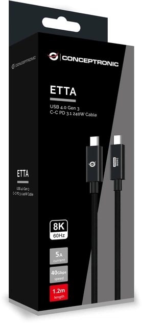 Kabel Conceptronic USB Type-C - Type-C M/M 40 Gbit/s 1.2 m Black (ETTA04B12) - obraz 4