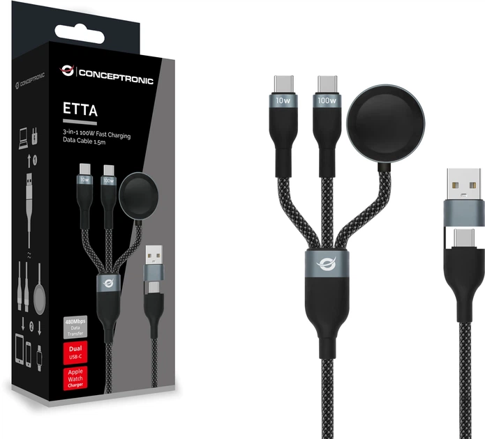 Кабель Conceptronic USB Type A/Type-C - Type-C x 2 + Apple Watch charger 1.5 m Black (ETTA08B15) - Фото 2 Кабель Conceptronic USB Type A/Type-C - Type-C x 2 + Apple Watch charger 1.5 m Black (ETTA08B15) - зображення 2