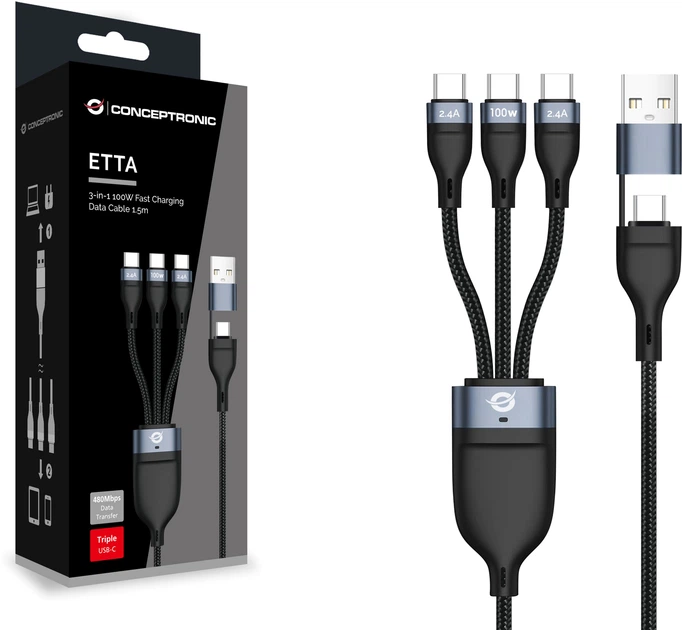 Кабель Conceptronic USB Type A/Type-C - 3 x Type-C 1.5 m Black (ETTA06B15C) - Фото 3 Кабель Conceptronic USB Type A/Type-C - 3 x Type-C 1.5 m Black (ETTA06B15C) - зображення 3