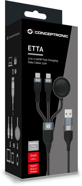 Кабель Conceptronic USB Type A/Type-C - Type-C x 2 + Apple Watch charger 1.5 m Black (ETTA08B15) - Фото 3 Кабель Conceptronic USB Type A/Type-C - Type-C x 2 + Apple Watch charger 1.5 m Black (ETTA08B15) - зображення 3