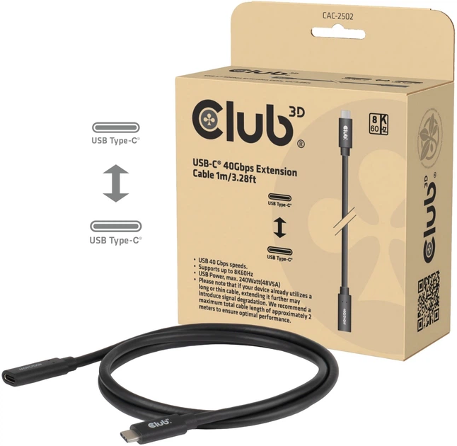 Kabel Club 3D USB Type-C - Type-C M/F 1 m Black (CAC-2502) - obraz 3