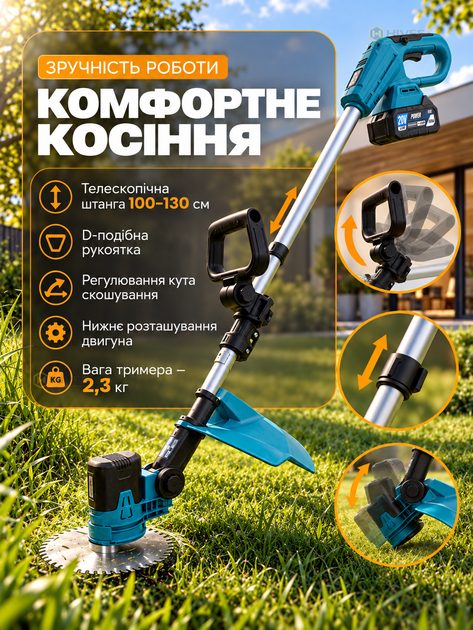 Аккумуляторный триммер для травы 20 В безщеточный с аккумулятором 4 А·ч и зарядкой, металлические и пластиковые ножи - изображение 3