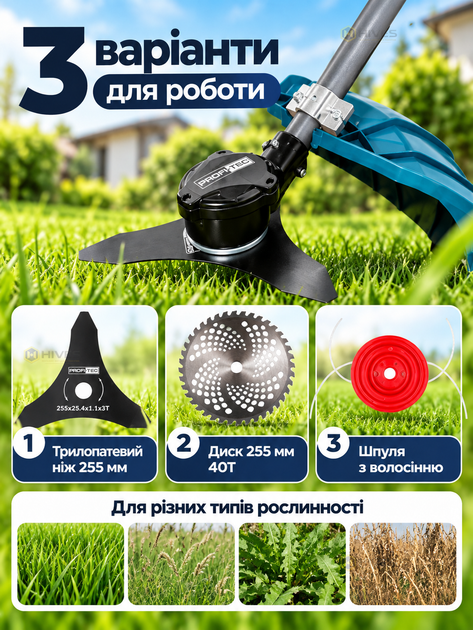 Комплект аккумуляторная коса 40 В + ножницы-кусторез для травы и кустов, 2 АКБ 4 Ач, зарядка, чем 255 мм, леска, диск - изображение 2