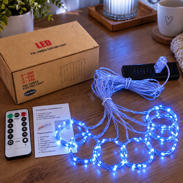 Гирлянда Штора Роса от USB, 3x1 метра, 100 LED, Синий - Фото 2 Гирлянда Штора Роса от USB, 3x1 метра, 100 LED, Синий - изображение 2