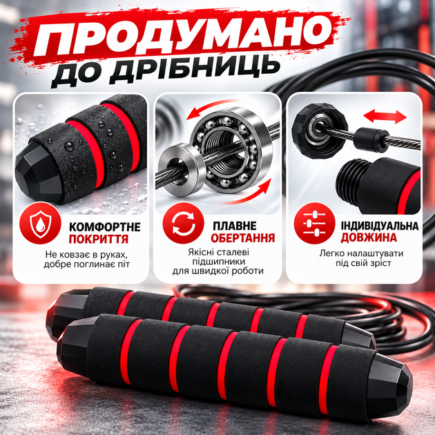 Скакалка для фитнеса и кардио тренировок 2.8 метра с регулируемой длиной и тросом - Фото 2 Скакалка для фитнеса и кардио тренировок 2.8 метра с регулируемой длиной и тросом - изображение 2