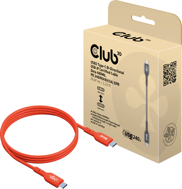 Кабель Club 3D USB-C - USB-C 2.0 Power Delivery 240W 1 м Orange (CAC-1511) - зображення 4