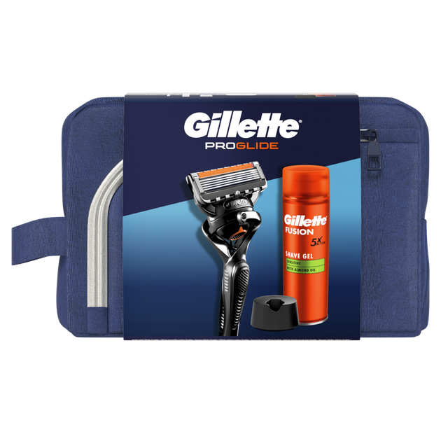 Подарунковий набір: станок для гоління Gillette ProGlide, Гель для гоління Gillette Fusion5 200 мл, Підставка, Косметичка - Фото 2 Подарунковий набір: станок для гоління Gillette ProGlide, Гель для гоління Gillette Fusion5 200 мл, Підставка, Косметичка - изображение 2