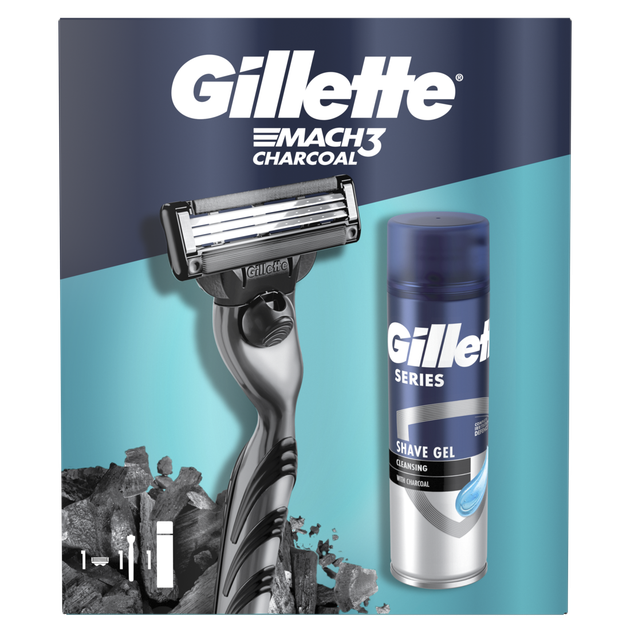 Подарунковий набір: Станок чоловічий Gillette Mach3 Charcoal з 1 змінним картриджем, Гель для гоління Gillette Series 200 мл - изображение 2