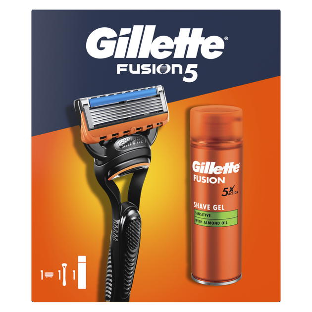 Подарунковий набір: станок для гоління чоловічий Gillette Fusion5 з 1 змінним картриджем, Гель для гоління Gillette Fusion5 200 мл - изображение 2