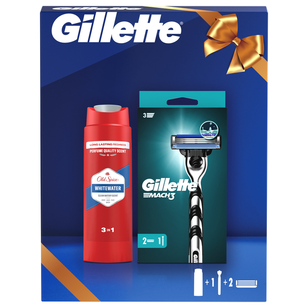 Подарунковий набір Станок для гоління чоловічий Gillette Mach3 з 2 змінними картриджами, Гель для душу Old Spice 250 мл - Фото 1 Подарунковий набір Станок для гоління чоловічий Gillette Mach3 з 2 змінними картриджами, Гель для душу Old Spice 250 мл - изображение 1