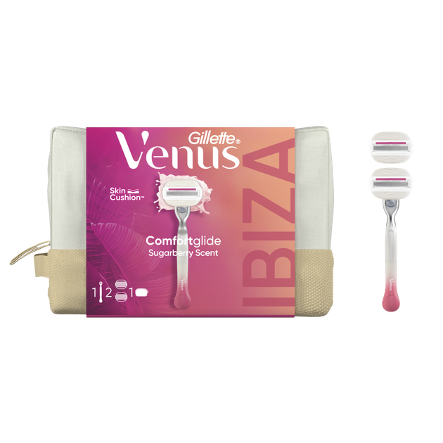 Подарунковий набір: Станок для гоління Gillette Venus Comfortglide Sugarberry Plus Olay з 2 картриджами + косметичка - Фото 1 Подарунковий набір: Станок для гоління Gillette Venus Comfortglide Sugarberry Plus Olay з 2 картриджами + косметичка - изображение 1