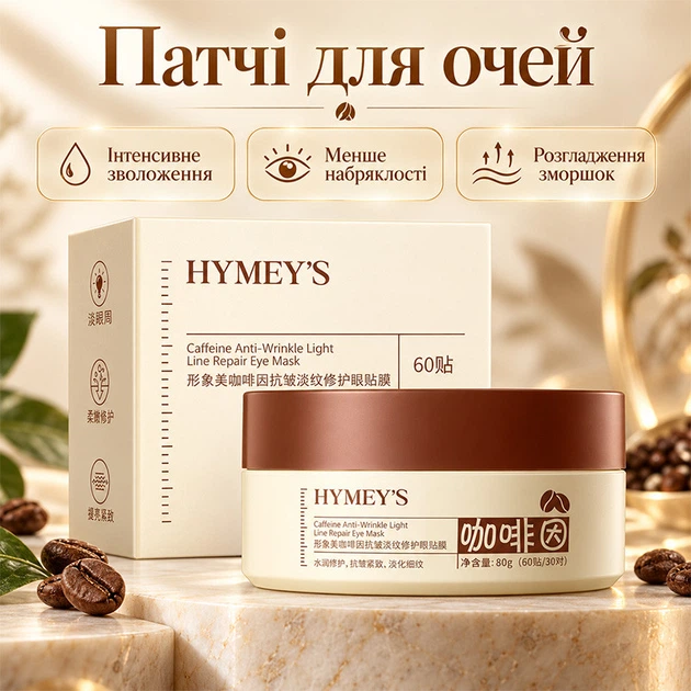 Гідрогелеві патчі Hymey's Caffeine Anti-Wrinkle light line repair eye mask з кофеїном 60 шт. - Фото 1 Гідрогелеві патчі Hymey's Caffeine Anti-Wrinkle light line repair eye mask з кофеїном 60 шт. - зображення 1