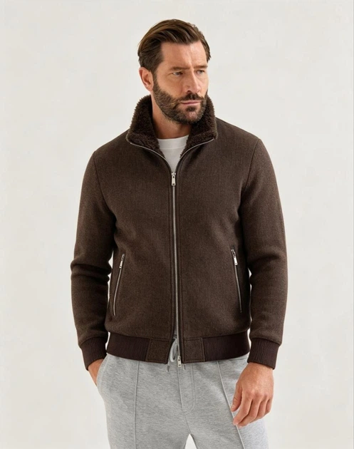 Brunello Cucinelli — мужская коричневая пуховая куртка-бомбер с меховым воротником 2XL - изображение 9