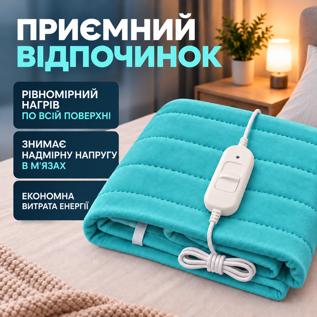 Електропростирадло простирадло з підігрівом 120х160 термопростирадло електричне простирадло байка з терморегулятором грілка для ліжка бірюзове Termosoft Yasam - зображення 4