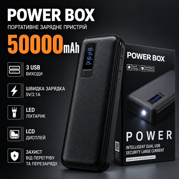 Портативний павербанк Power Bank 50000 мА·год 3×USB з LED-ліхтариком та LCD-індикатором - Фото 1 Портативний павербанк Power Bank 50000 мА·год 3×USB з LED-ліхтариком та LCD-індикатором - зображення 1