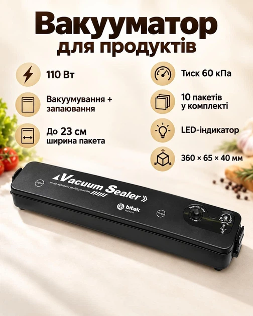 Вакууматор для продуктов с запайкой пакетов, 110 Вт, до 23 см, 10 пакетов - изображение 2