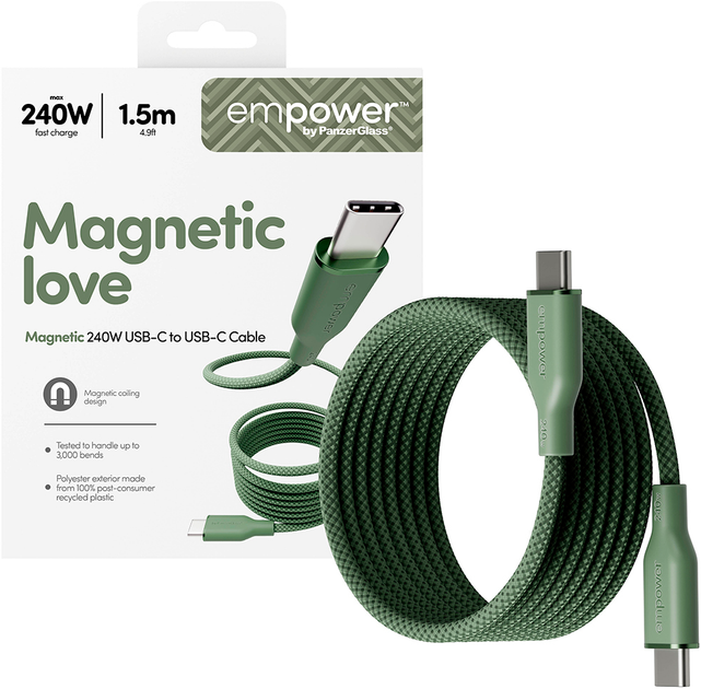 Кабель Panzer Glass Empower by Magnetic USB-C - USB-C 2.0 240W 1.5 м Khaki (EM59672) - Фото 3 Кабель Panzer Glass Empower by Magnetic USB-C - USB-C 2.0 240W 1.5 м Khaki (EM59672) - зображення 3