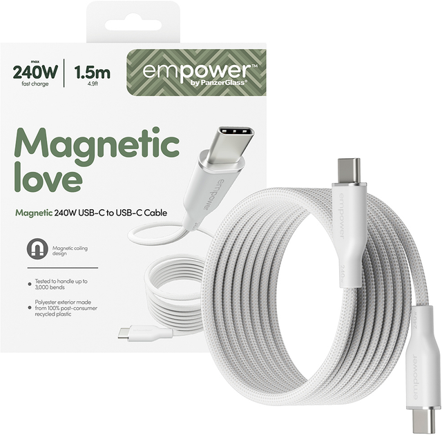 Кабель Panzer Glass Empower by Magnetic USB-C - USB-C 2.0 240W 1.5 м White (EM84572) - Фото 4 Кабель Panzer Glass Empower by Magnetic USB-C - USB-C 2.0 240W 1.5 м White (EM84572) - зображення 4